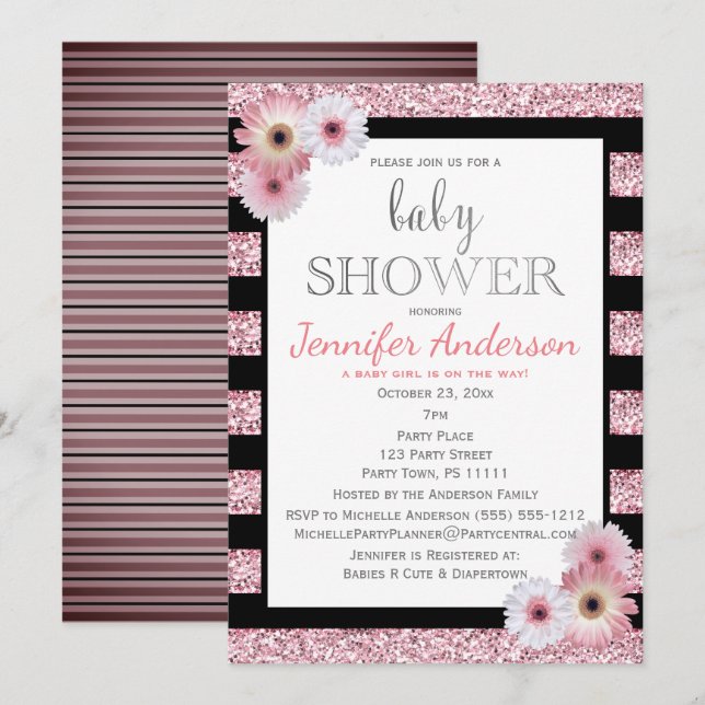 Invitación Baby Shower de banda de glamour negro rosa (Anverso / Reverso)