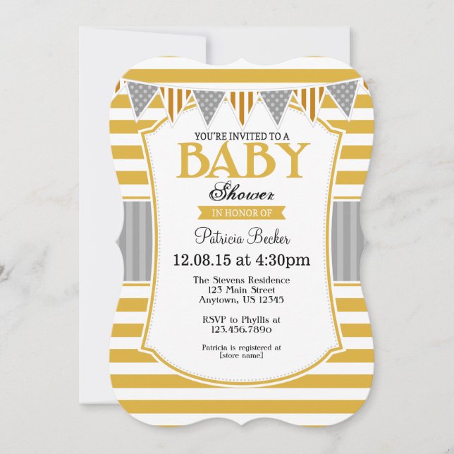 Invitación Baby Shower de bandas grises doradas (Anverso)