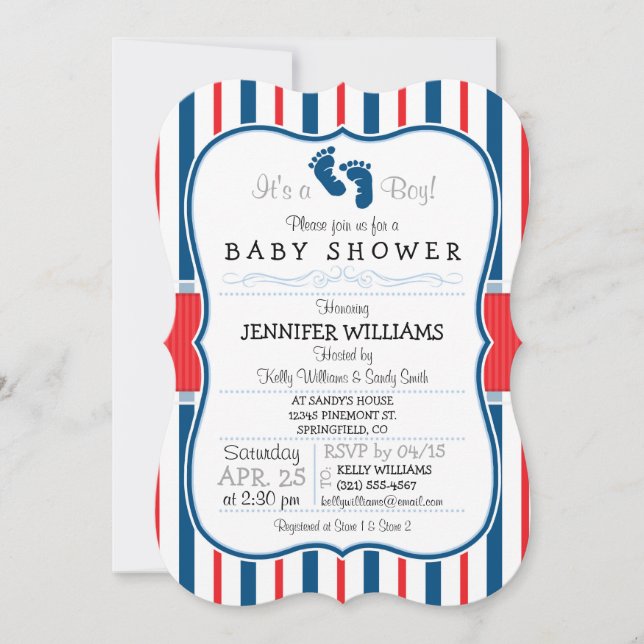 Invitación Baby Shower de bandas rojas, blancas y azules (Anverso)