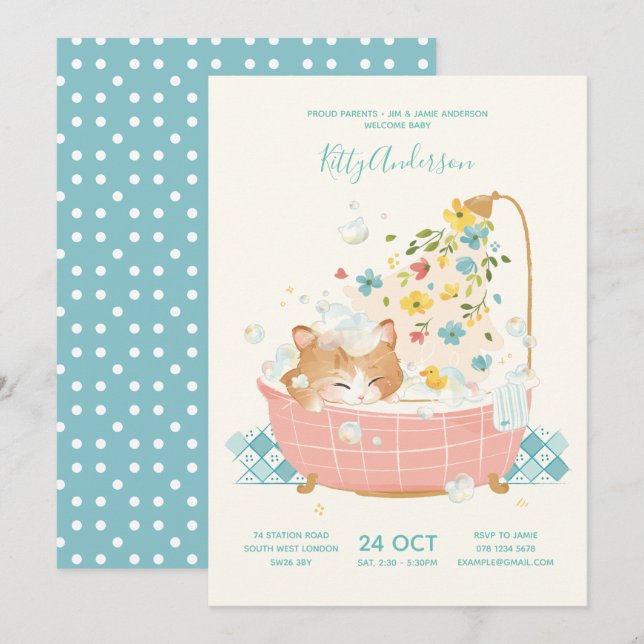 Invitación Baby Shower de baño de burbujas de gatos gatitos (Anverso / Reverso)