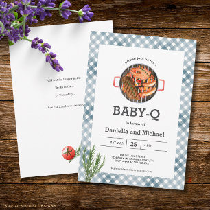 Invitación Baby Shower de Barbacoa Rústica con Cuadros Azules