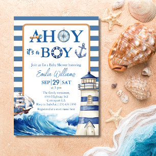 Invitación Baby Shower de barco de vela azul blanco clásico