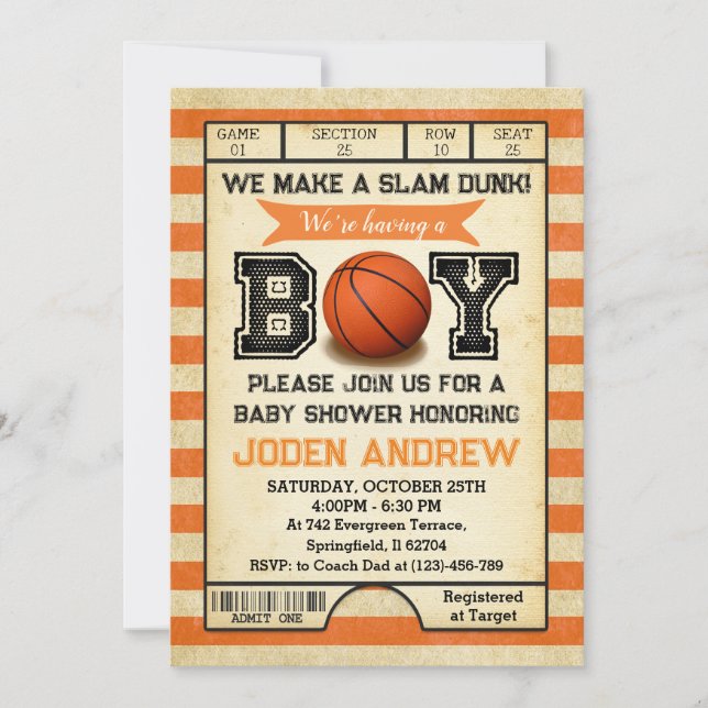 Invitación Baby Shower de basketball Deportivo Personal (Anverso)
