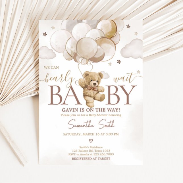 Invitación Baby Shower de Bear Balloon Bear Brown (Gender Neutral Bear Balloon Baby Shower Invitation)