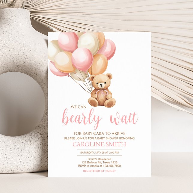 Invitación Baby Shower de Bear Bear Bear con globo rosa (We Can Bearly Wait Girl Baby Shower Invitation)