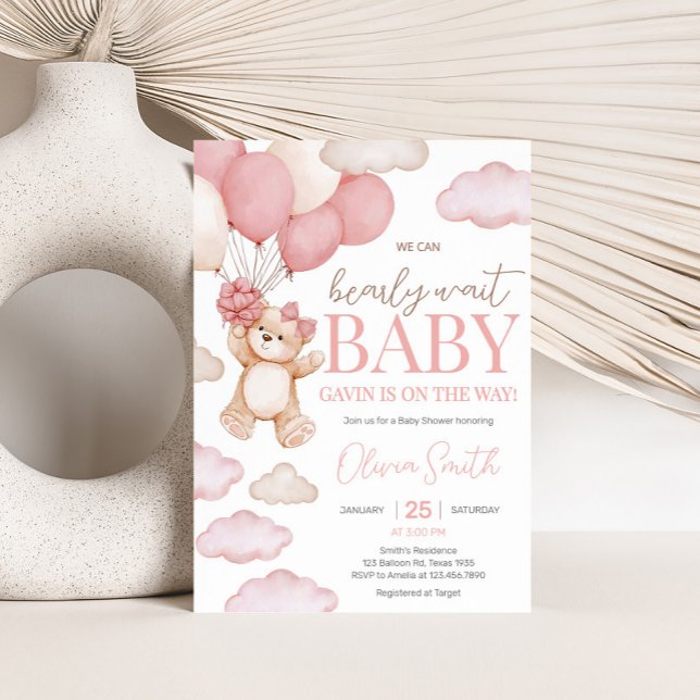Invitación Baby Shower de Bear Bear Bearly Wait (Pink Bearly Wait Baby Bear Balloon Baby Shower Invitation
)