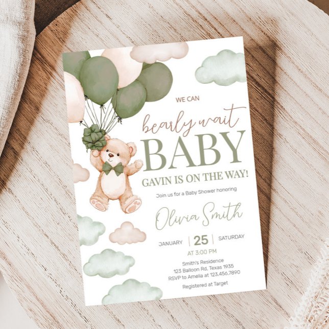 Invitación Baby Shower de Bear Bear Bearly Wait (Green Bearly Wait Baby Bear Balloon Baby Shower Invitation
)