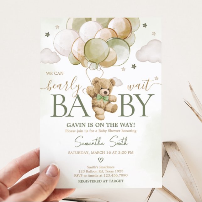 Invitación Baby Shower de Bearly Wait Green Balloon (Gender Neutral Bear Balloons Baby Shower Invitation)