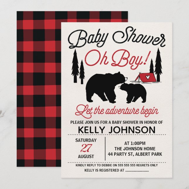 Invitación Baby Shower de Bears Lumberjack (Anverso / Reverso)