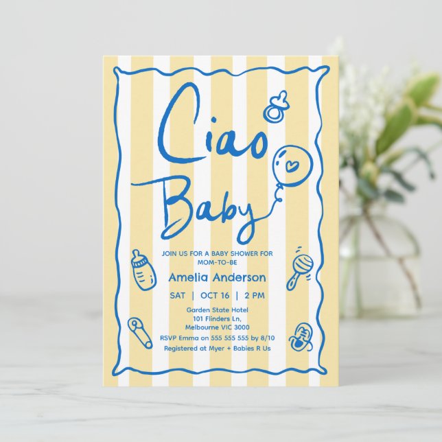 Invitación Baby Shower de bebé de ciao amarillo azul dibujado (Anverso de pie)