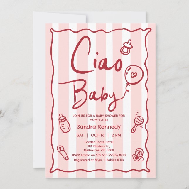 Invitación Baby Shower de bebé de ciao rosado rojo dibujado a (Anverso)
