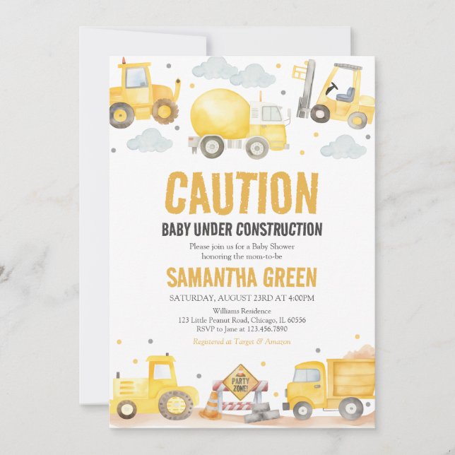 Invitación Baby Shower de bebé en construcción (Anverso)