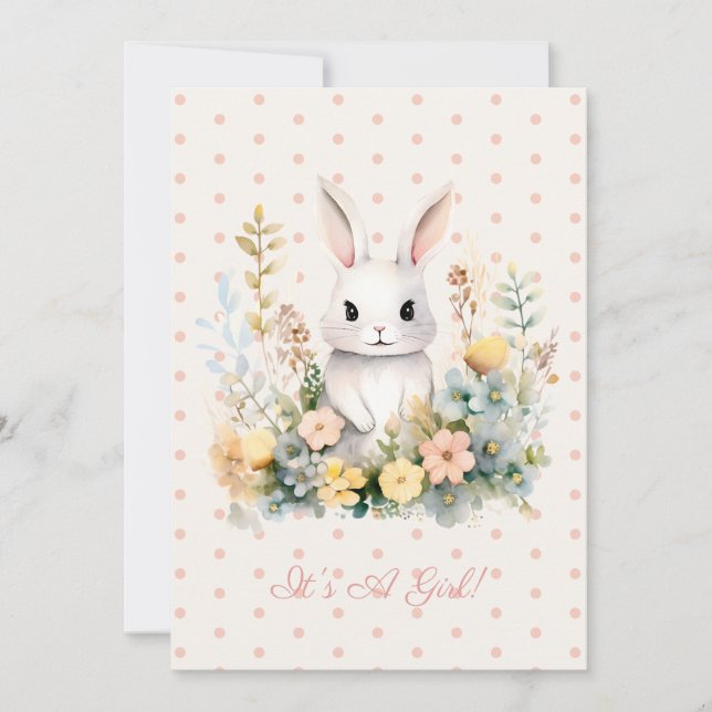 Invitación Baby Shower de bebe Girl Pink Rabbit y Flores (Anverso)