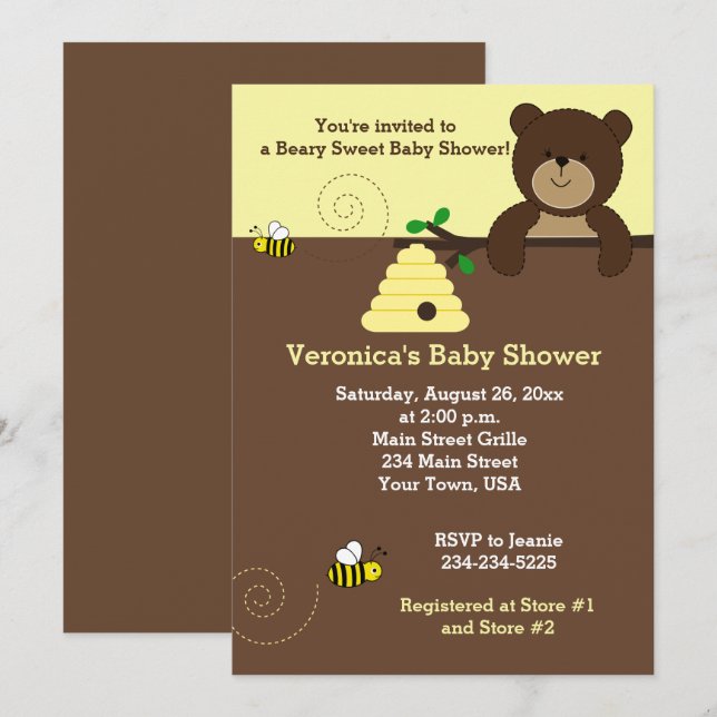 Invitación Baby Shower de bebete de miel y abejorr (Anverso / Reverso)