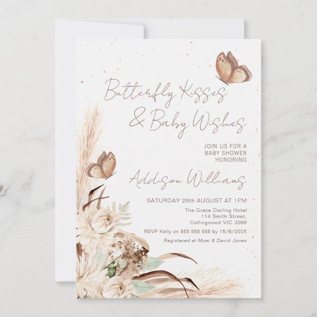 Invitación Baby Shower de beige Boho Floral Butterly besa (Anverso)