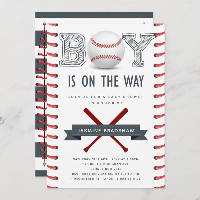Invitación Baby Shower de béisbol (Anverso / Reverso)