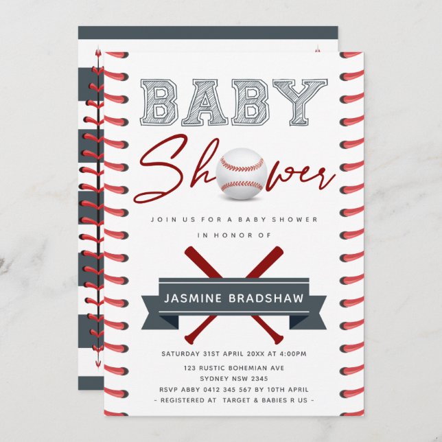 Invitación Baby Shower de béisbol (Anverso / Reverso)