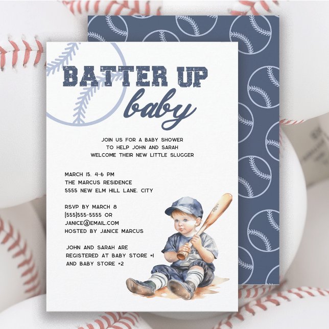Invitación Baby Shower de Béisbol Blanco Azul ("Batter Up Baby" baseball baby shower invitation)