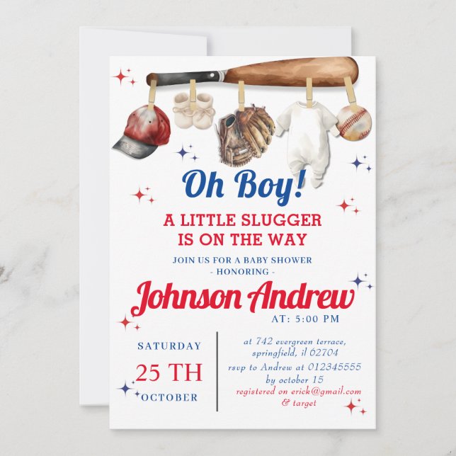 Invitación Baby Shower de béisbol deportivo personal (Anverso)