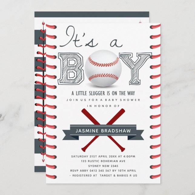 Invitación Baby Shower de béisbol es un niño (Anverso / Reverso)