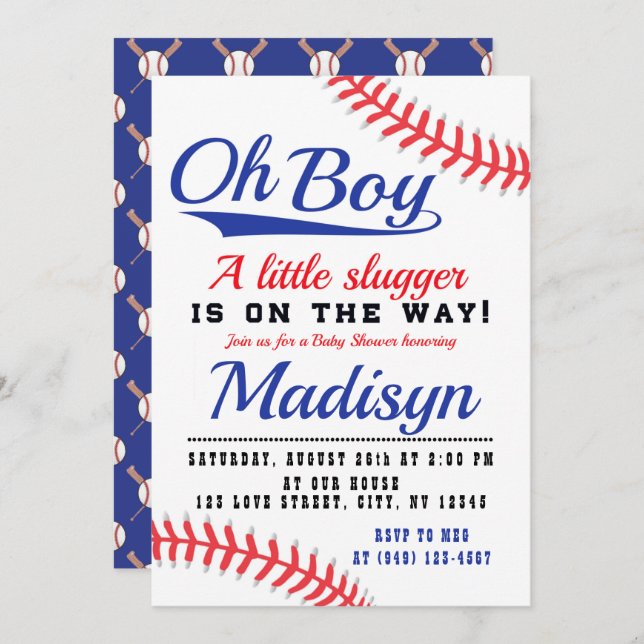Invitación Baby Shower de beisbol rojo azul pequeño lúgubre (Anverso / Reverso)