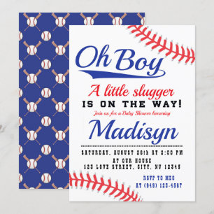 Invitación Baby Shower de beisbol rojo azul pequeño lúgubre
