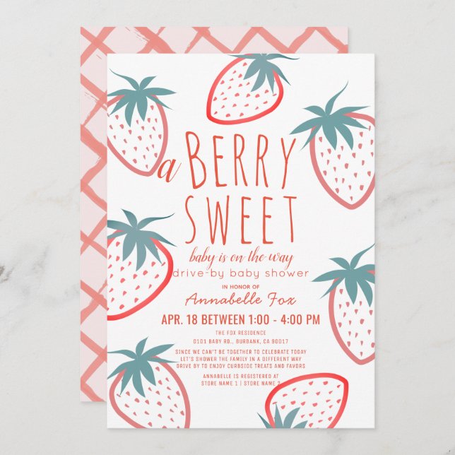 Invitación Baby Shower de Berry Sweet Strawberry Red Drive (Anverso / Reverso)