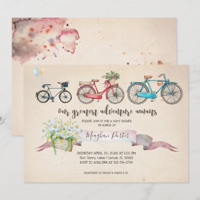 Invitación Baby Shower de bicicleta de época (Anverso / Reverso)