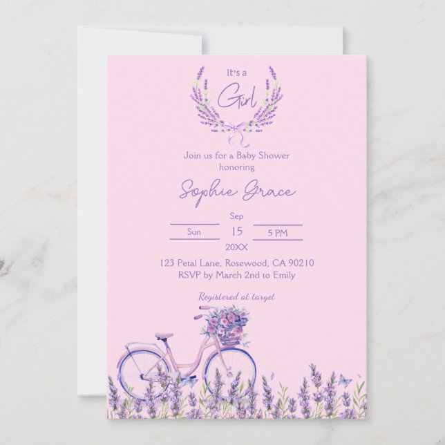 Invitación Baby Shower de bicicleta floral rosa y de lavanda (Anverso)