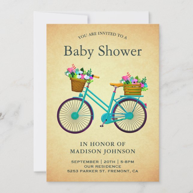 Invitación Baby Shower de bicicleta floral Verde azulada retr (Anverso)