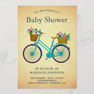 Invitación Baby Shower de bicicleta floral Verde azulada retr