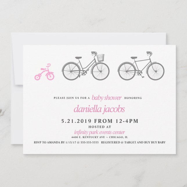 Invitación Baby Shower de bicicleta rosa (Anverso)