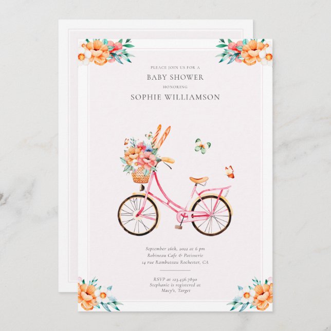 Invitación Baby Shower de bicicletas de cosecha rosa francesa (Anverso / Reverso)