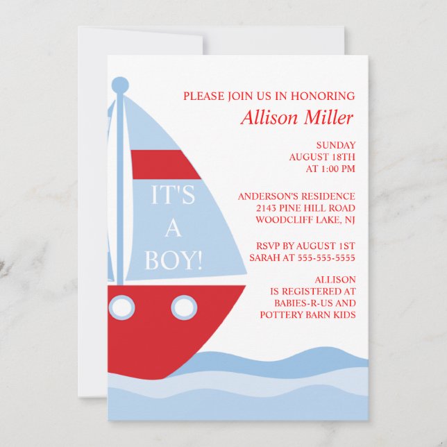 INVITACIÓN Baby Shower DE BIg & Bold SAILBOAT Boy (Anverso)
