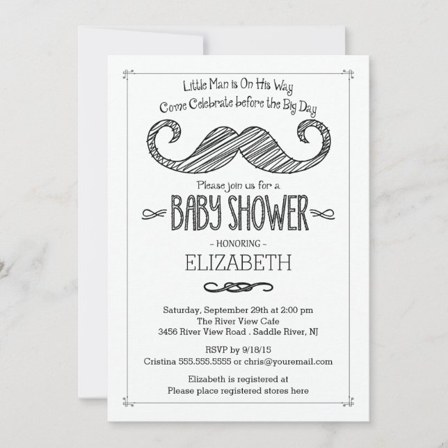 Invitación Baby Shower de bigote moderno (Anverso)