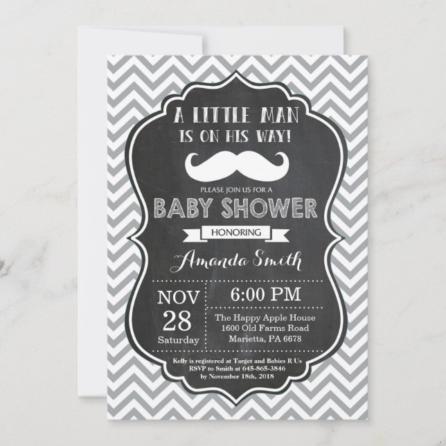 Invitación Baby Shower de bigote negro y gris (Anverso)