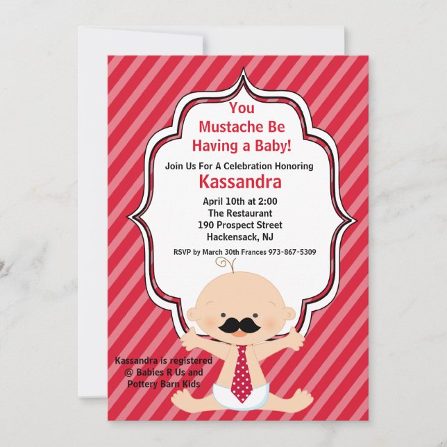 Invitación Baby Shower de bigote rojo a rayas (Anverso)