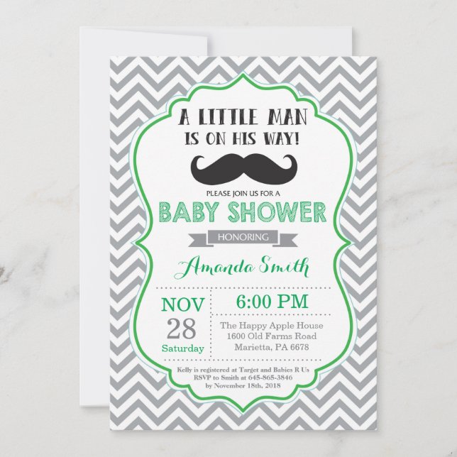 Invitación Baby Shower de bigote verde y gris (Anverso)