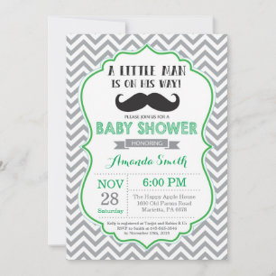 Invitación Baby Shower de bigote verde y gris
