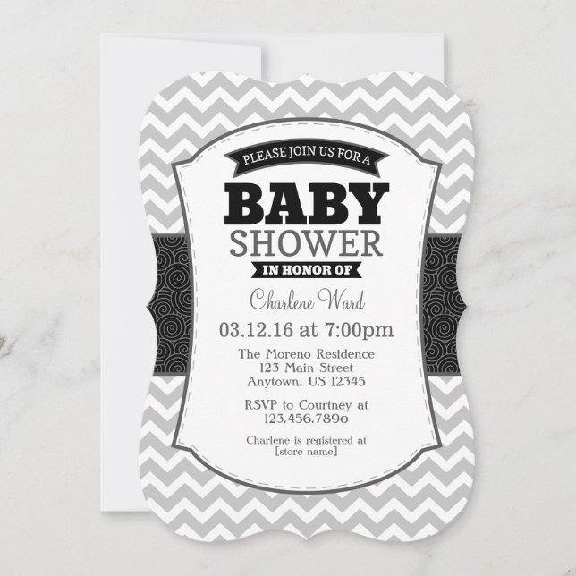 Invitación Baby Shower de Black Gray Chevron (Anverso)