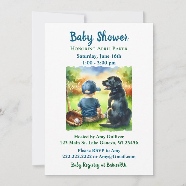 Invitación Baby Shower de Black Lab y Baby Boy Baseball (Anverso)