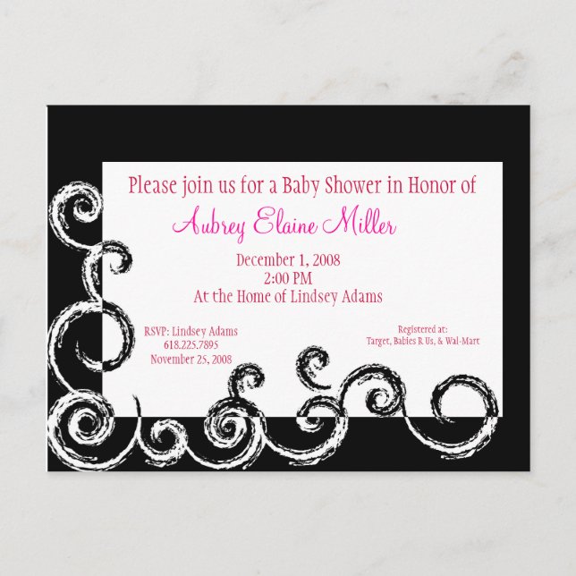 Invitación Baby Shower de Black & White Swirl (Anverso)