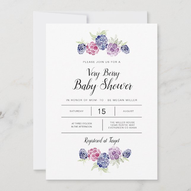 Invitación Baby Shower de Blackberry | Berries acuarelas (Anverso)