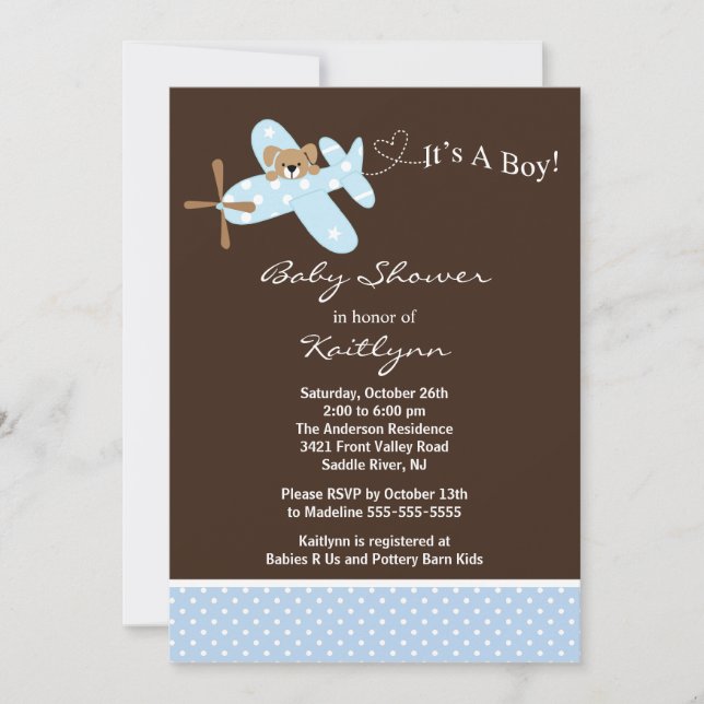 Invitación Baby Shower de Blue Airplane Boy (Anverso)