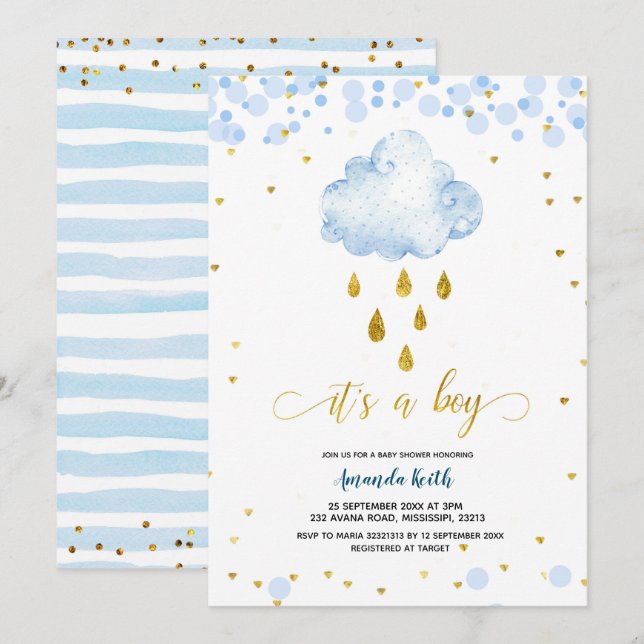 Invitación Baby Shower de Blue and Gold Boy Raincl (Anverso / Reverso)