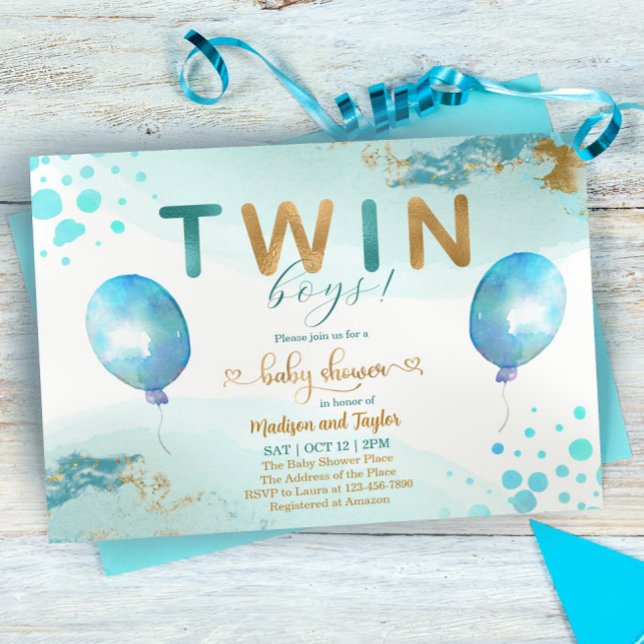 Invitación Baby Shower de Blue Balloon Gold Twin B (Subido por el creador)