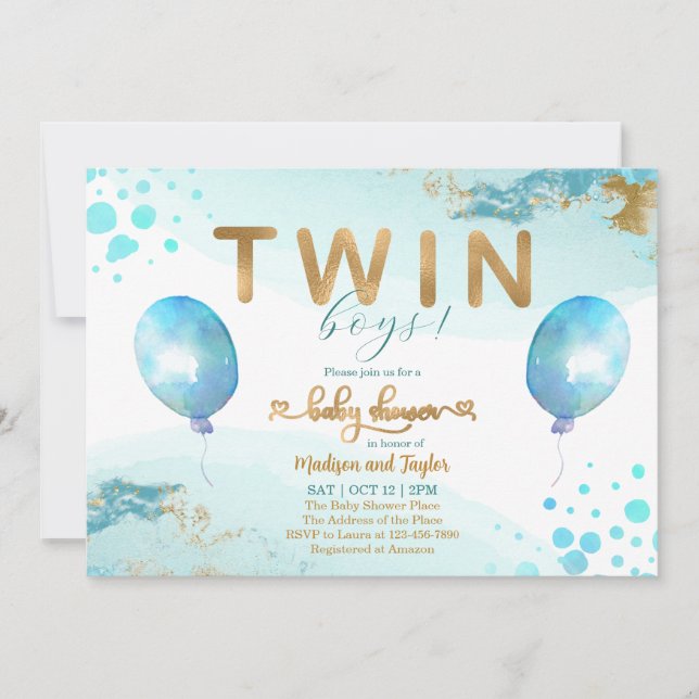 Invitación Baby Shower de Blue Balloon Gold Twin B (Anverso)