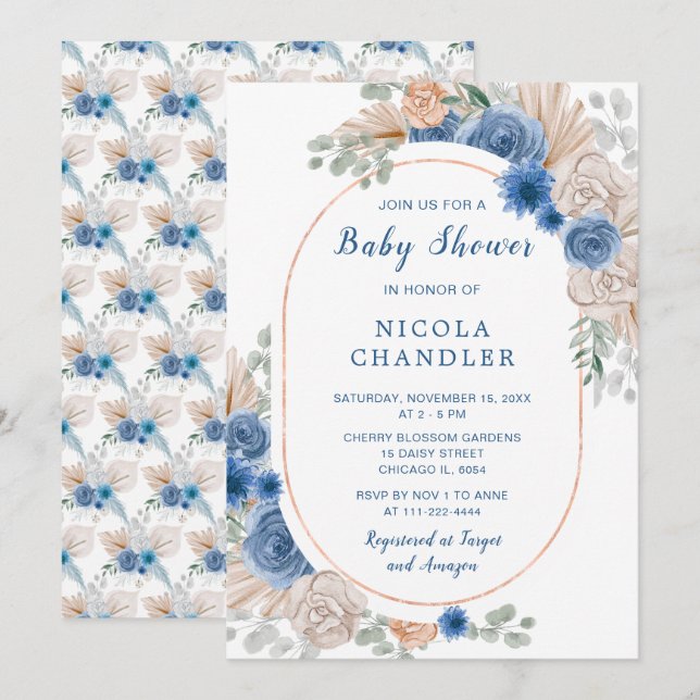 Invitación Baby Shower de Blue Boho Pampas Grass (Anverso / Reverso)
