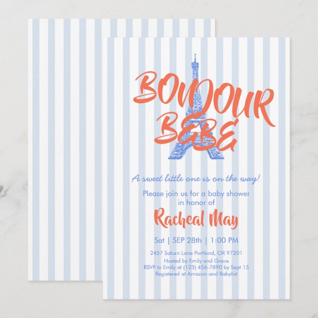 Invitación Baby Shower de Blue Bonjour Bébé (Anverso / Reverso)