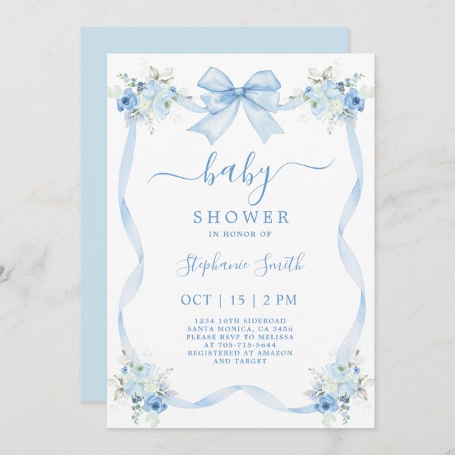 Invitación Baby Shower de Blue Bow (Anverso / Reverso)